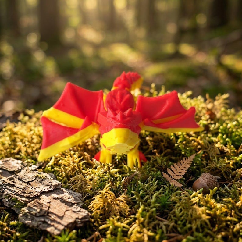 Articulated Baby Dragon, red and yellow print